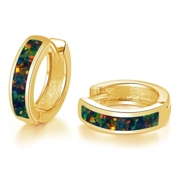 14K Yellow Gold with Genuine Green Black Fire Opal Huggie Hoop Hinge Earrings - Picture 1 of 4